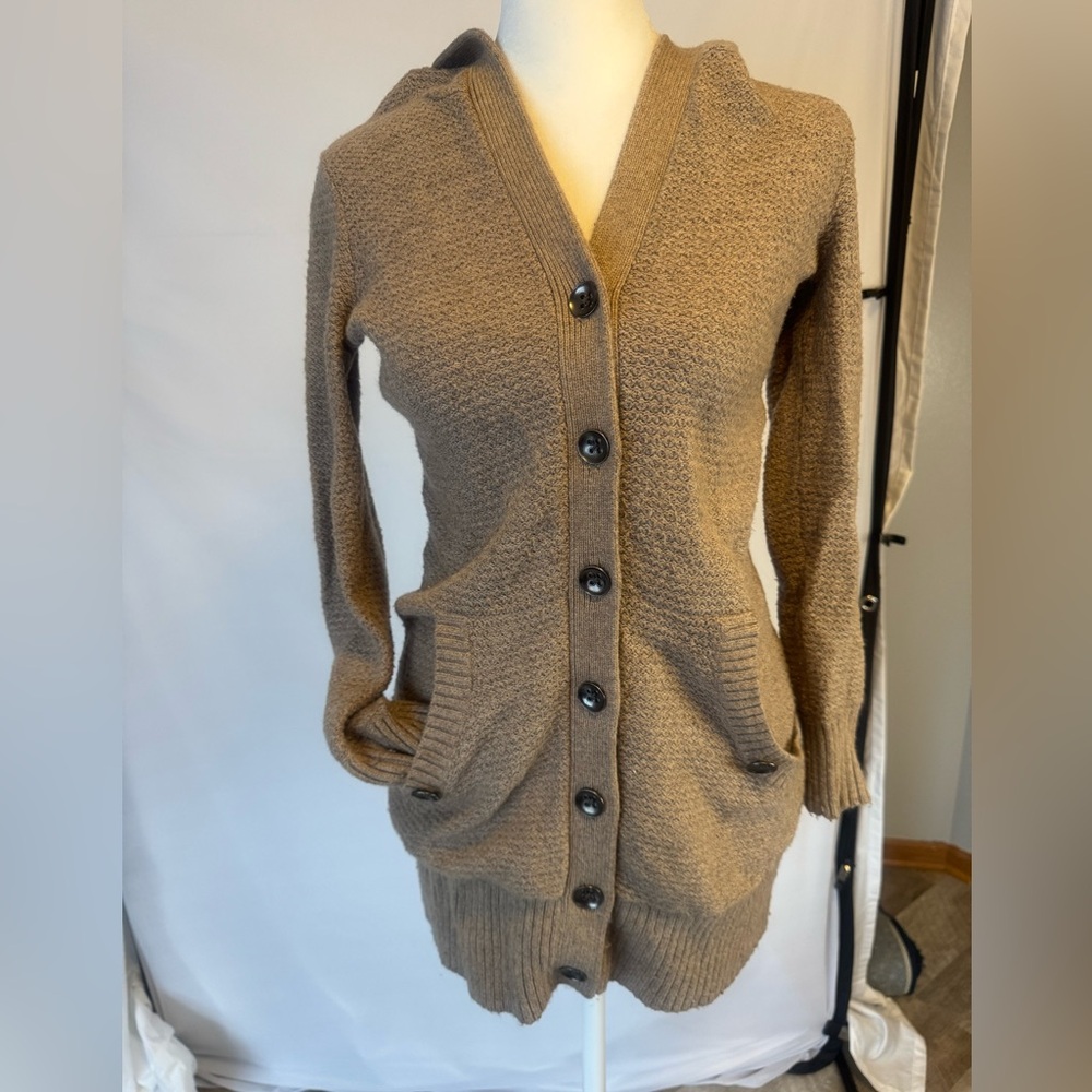 Gap XS tan, long button hooded up cardigan sweater w/ front pockets